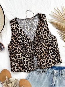 Camiseta sin mangas con lazo frontal con estampado en toda la parte delantera para mujer, camiseta casual sin mangas con cuello en V para el verano, ropa de mujer para el uso diario