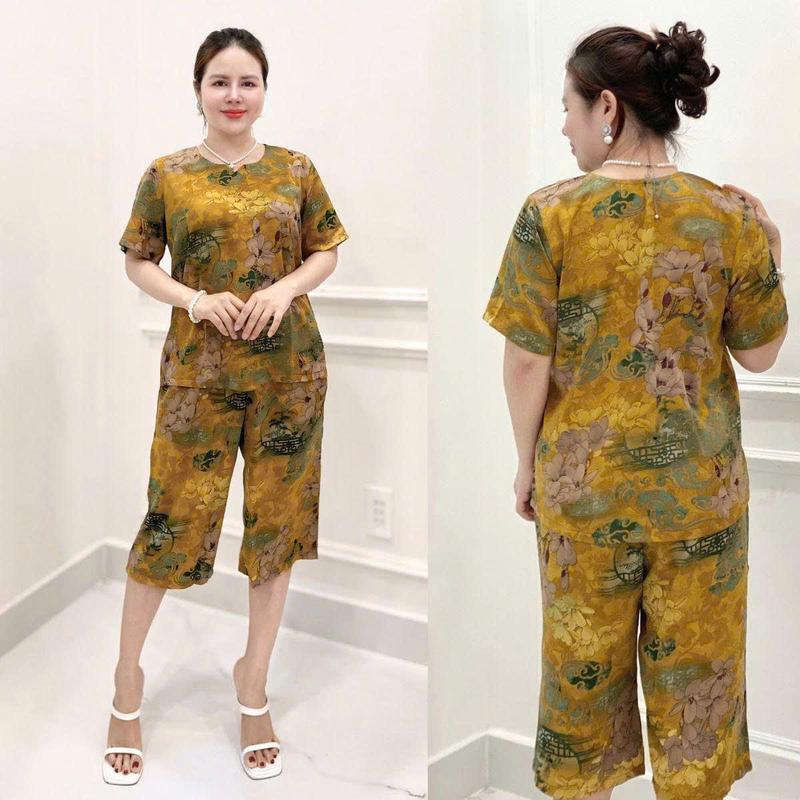 Đồ bộ trung niên cho mẹ và bà mặc ở nhà có áo cổ tròn quần lửng suông chất lụa nhập co dãn thoải mái HMS19A hàng đẹp 1