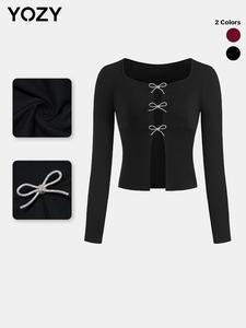 YOZY Women's Plain Rhinestone Bow Decor Crop Top, Elegant Long Sleeve Top for Spring & Fall, Ladies Clothes for Daily Wear