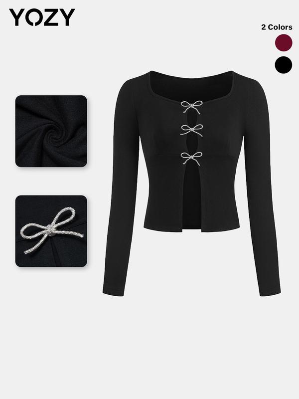 YOZY Women's Plain Rhinestone Bow Decor Crop Top, Elegant Long Sleeve Top for Spring & Fall, Ladies Clothes for Daily Wear 0