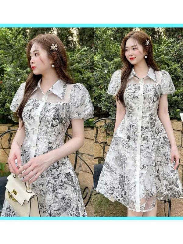 Váy Đầm Big Size 45-90kg Sơ Mi Voan Trắng Nổi Họa Tiết Đen Thiết Kế Công Sở Thích Hợp Đi Chơi, Đi Làm CAT0002 Dress Nữ