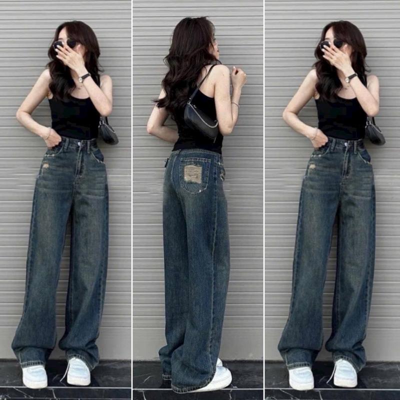 Quần Jeans Xuông Rách Túi Kiểu Sau Cạp Cao Phong Cách Hàn Hottrend 2024 Women Nữ
