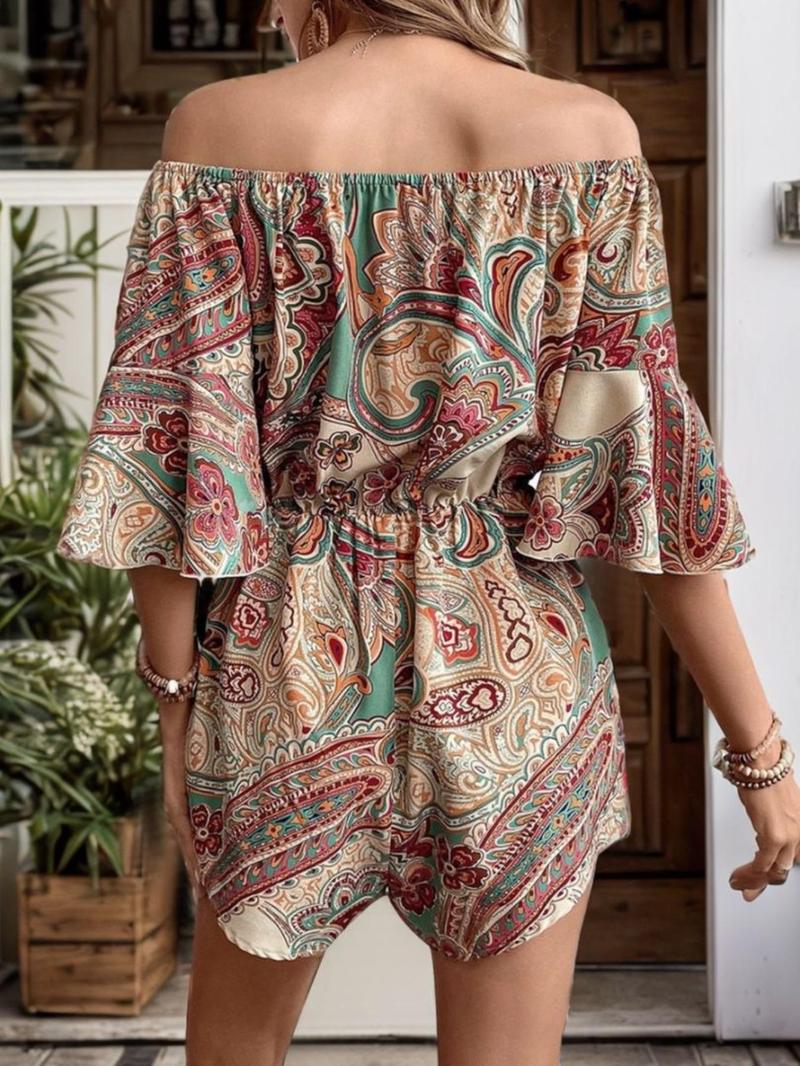Product Introduction of Women's Ethnic Print Off Shoulder Romper, Boho Fashion Casual Romper for Daily Holiday Vacation Wear, Women Clothes for Spring 2