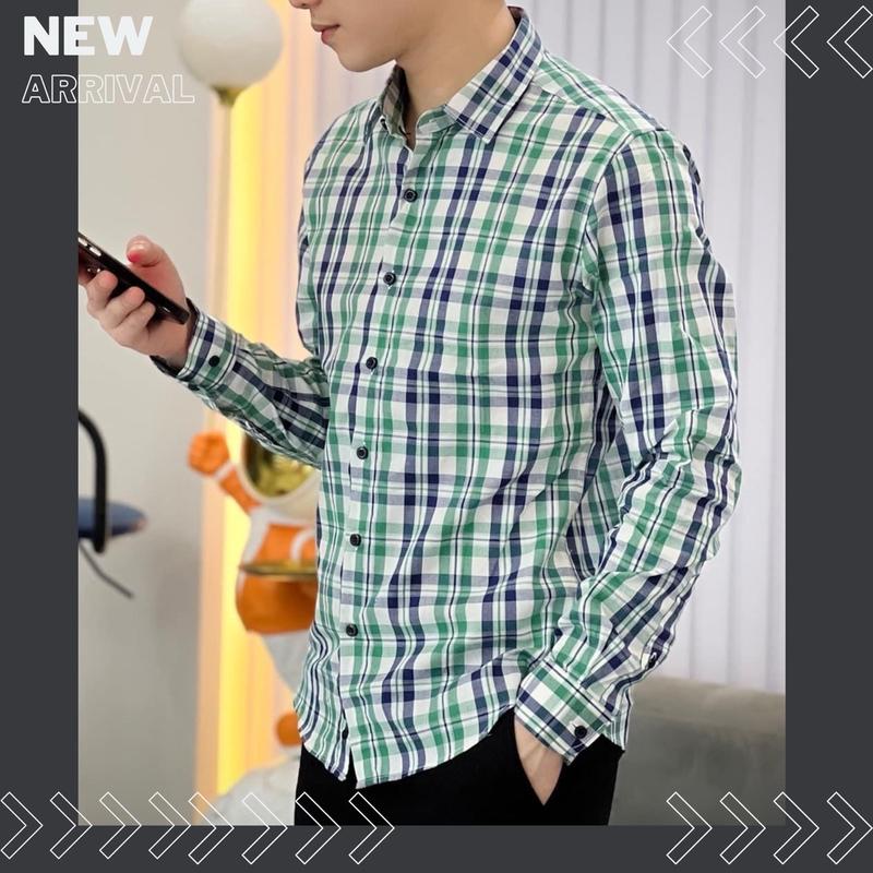 Áo Sơ Mi Caro Sọc Nhỏ Xanh Trắng Vải Thô Nam Menswear Nhung Kate