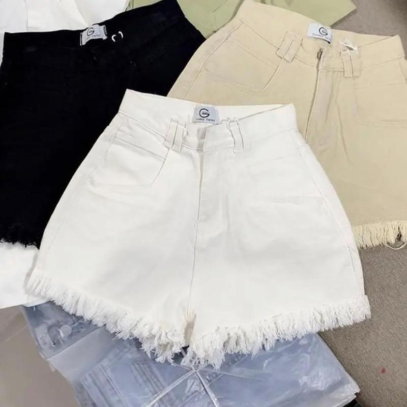 Quần short jeans Denim Pants nữ lưng cao lai tua phong cách tối giản mặc cực kỳ hack dáng hai màu Đen  Trắng sm555 Women Có Túi