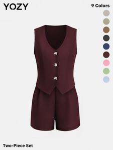 YOZY V Neck Button Front Blazer Vest & Wide Leg Shorts Set, Elegant Fashion Casual Sleeveless Tank Top & Elastic Waist Shorts Set, Women's Daily Outdoor Wear for Summer, Casual Matching Set, Womenswear