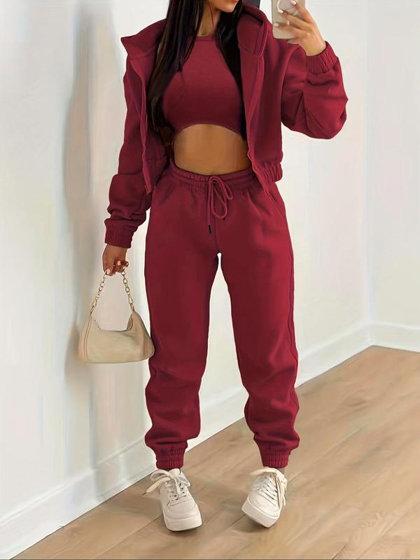 Women's Solid Pants Set, Casual Round Neck Crop Top & Drawstring Waist Pants & Zipper Hoodie, 2 Piece Sets Women, Co Ords for Women, Spring & Fall Outfits, Co-ords Set, Please Purchase A Size Up, Pink Two Piece Set Rave 5