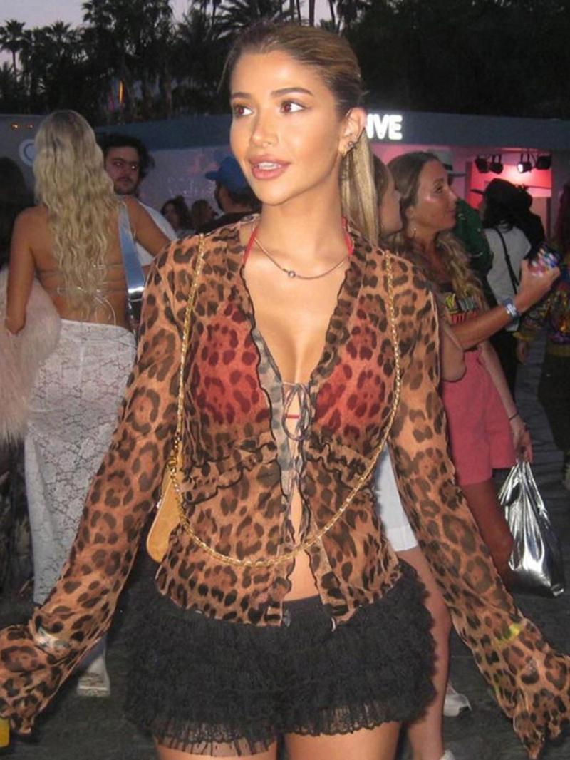 Product Introduction of Women's Leopard Print Lettuce Trim Sheer Tee, Casual Flounce Sleeve Tie Neck Tulle Top, Ladies Clothes for Beach Party Vacation Valentine's Day, gift, Womenswear 7