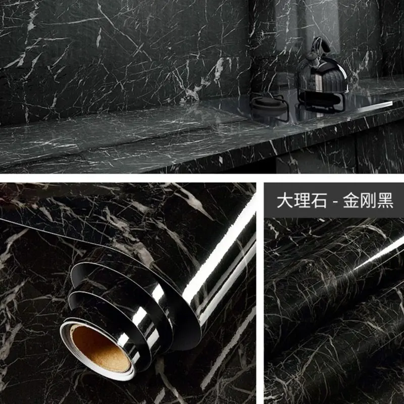 Wallpaper Dinding Marmer Black Glossy 60 x 3m Stiker Marmer Meja Dapur Kitchen Set Kamar Marble 1