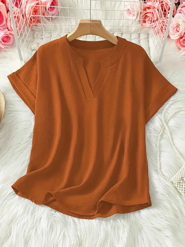 【Plus Size】 Solid Notched Neck Blouses, Casual Top for Summer, Women's Clothing for Daily Wear 5