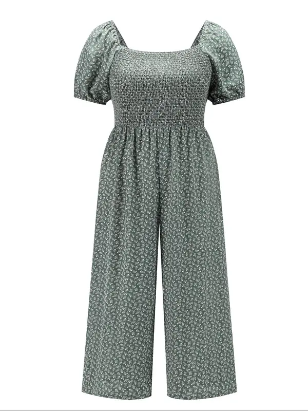 [Plus Size] Ditsy Floral Print Shirred Jumpsuit, Jumpsuits for Women, Boho Fashion Puff Sleeve Square Neck Jumpsuit for Daily Vacation Wear, Women Plus Clothing Overalls for Summer 3