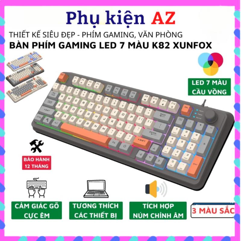 Bàn phím giả cơ gaming XUNFOX K82 Bàn phím chơi game thiết kế 94 phím có đèn led 7 màu kèm theo nút vặn âm lượng ban  phim phím cơ custom