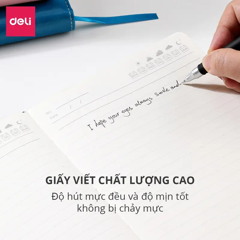 Sổ tay ghi chép A5 Bìa Da dày Deli - Màu Đen/Hồng/Xanh, 300 trang, 80gsm, Chống nước dành cho Học Sinh, Văn Phòng 2