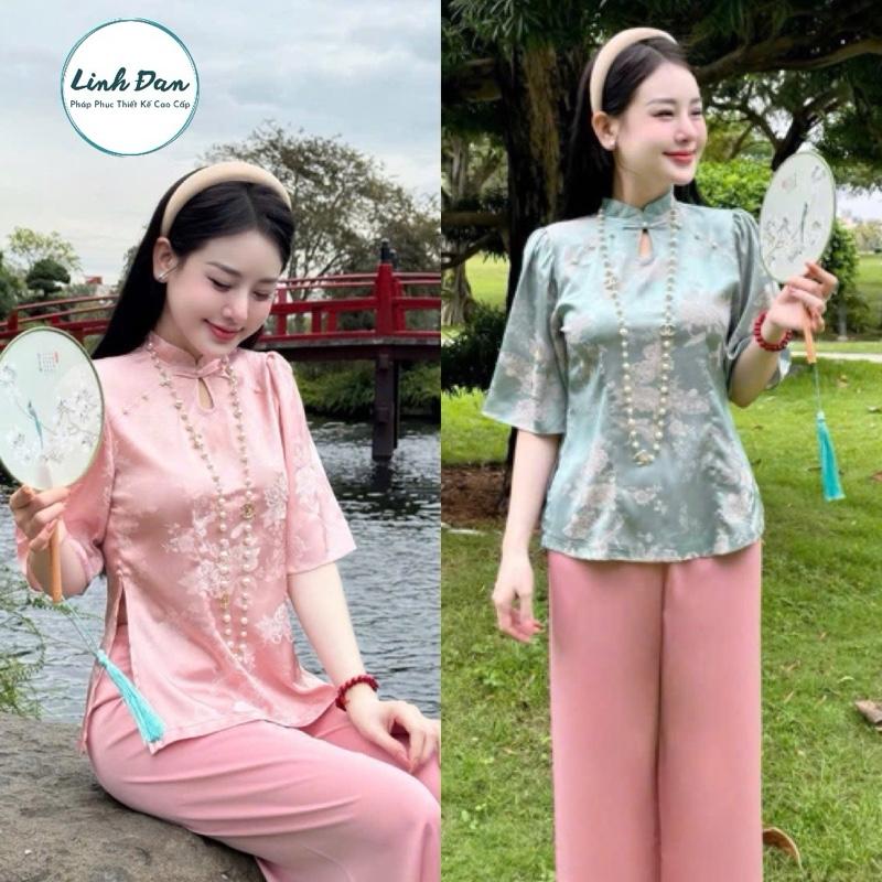 LINH ĐAN Bộ quần áo đi chùa Linh Đan chất liệu lụa gấm hoa dệt cổ tàu giọt lệ - Nữ, Top, Kem, Women