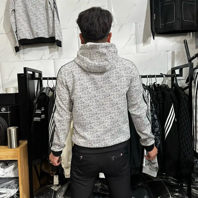 Áo Khoác A/D Xám Trắng  3 sọc tay Khoá Logo Thêu Logo Ngực Cao Cấp Dày Dặn- Menswear Nam Jacket Cổ Cao- Ao khoac leather bomber 2