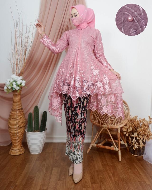 REAL PICT STELAN KEBAYA TUNIK BORKAT TILE ROK FRISKET PANJANG MOTIF TUNIK AMBRELA KONDAGAN/PAGAR AYU ACARA PESTA SERAGAMANAN KEBAYA TERMURAH 1
