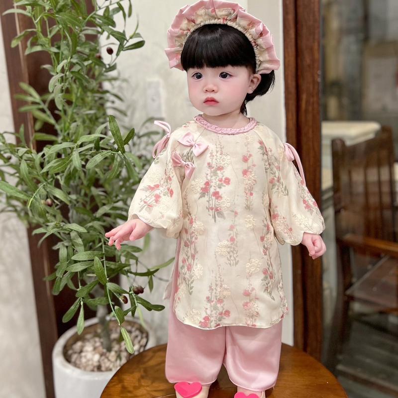 ĐỘC QUYỀN Áo Dài Thêu Phối Quần Lụa Hồng Cổ Tết Tay Lượn Sóng Cho Bé 4-30kg Chất Liệu Lụa Cao Cấp Thoáng Mát Sang Trọng