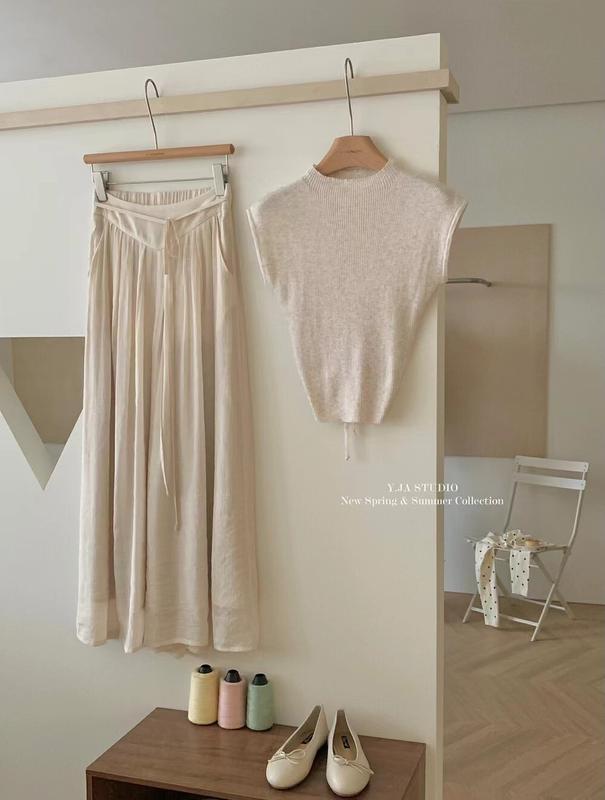 Quần ống rộng nữ vải đũi tơ mềm mướt ullazang cạp chun sau buộc dây sang trọng. Pants Voan 7