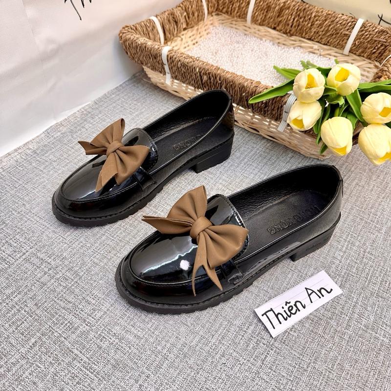 Giày nữ đế đốc NƠ NÂU mũi nhọn da bóng gót cao 3 phân TA24 Shoes