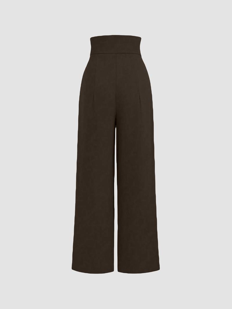 Product Introduction of Women's Solid Button Fly Plicated Wide Leg Pants, Casual Comfy  High Waist Trousers for Spring & Fall, Women's Bottoms for Daily Wear 5