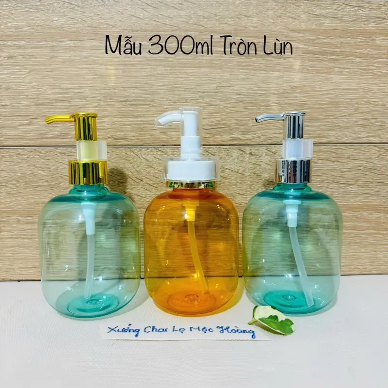 Chai lọ nhựa 300ml Tròn Lùn màu Xanh Ngọc/Cam Trong - Vòi nhấn cao cấp đủ loại -Khóa Vàng-Nắp Bật 0
