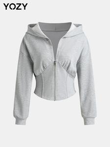 YOZY Women's Plain Drop Shoulder Zip Up Hoodie, Casual Long Sleeve Hooded Asymmetrical Outerwear for Daily Wear, Ladies Clothes for All Seasons