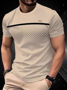 Camiseta de cuello redondo con estampado geométrico para hombre, camiseta de manga corta de moda casual de ajuste regular para uso diario, camiseta de hombre para todas las estaciones, camisetas de polo