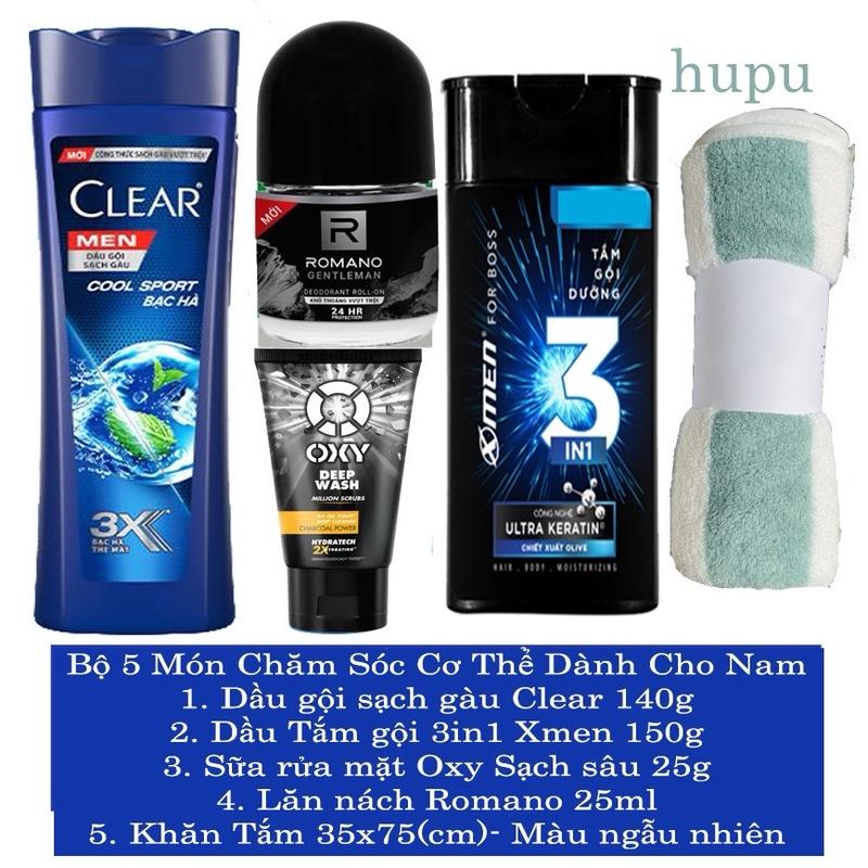 BỘ 5 MÓN TẮM GỘI XỊT DÀNH CHO NAM / Chăm Sóc Cơ Thể Nam Giới ( Dầu gội Clear, Tắm gội Xmen, SRM Oxy, Nước hoa Iron&Stone và Khăn)