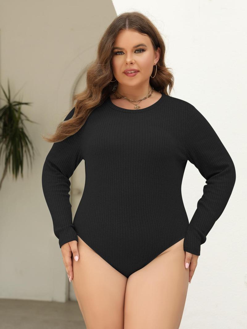 Product Introduction of 【Plus Size】 Solid Round Neck Ribbed Bodysuit, Casual Long Sleeve Crew Neck Bodysuit for Spring & Fall, Women's Clothes for Daily Wear 9