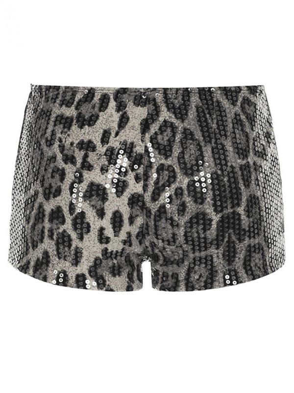 2025 Trendy, Women's Leopard Print Glitter Sequins Shorts, Casual Comfy Shorts for Daily Wear, Ladies Bottoms for All Seasons Womenswear Comfort Black Fitted 7