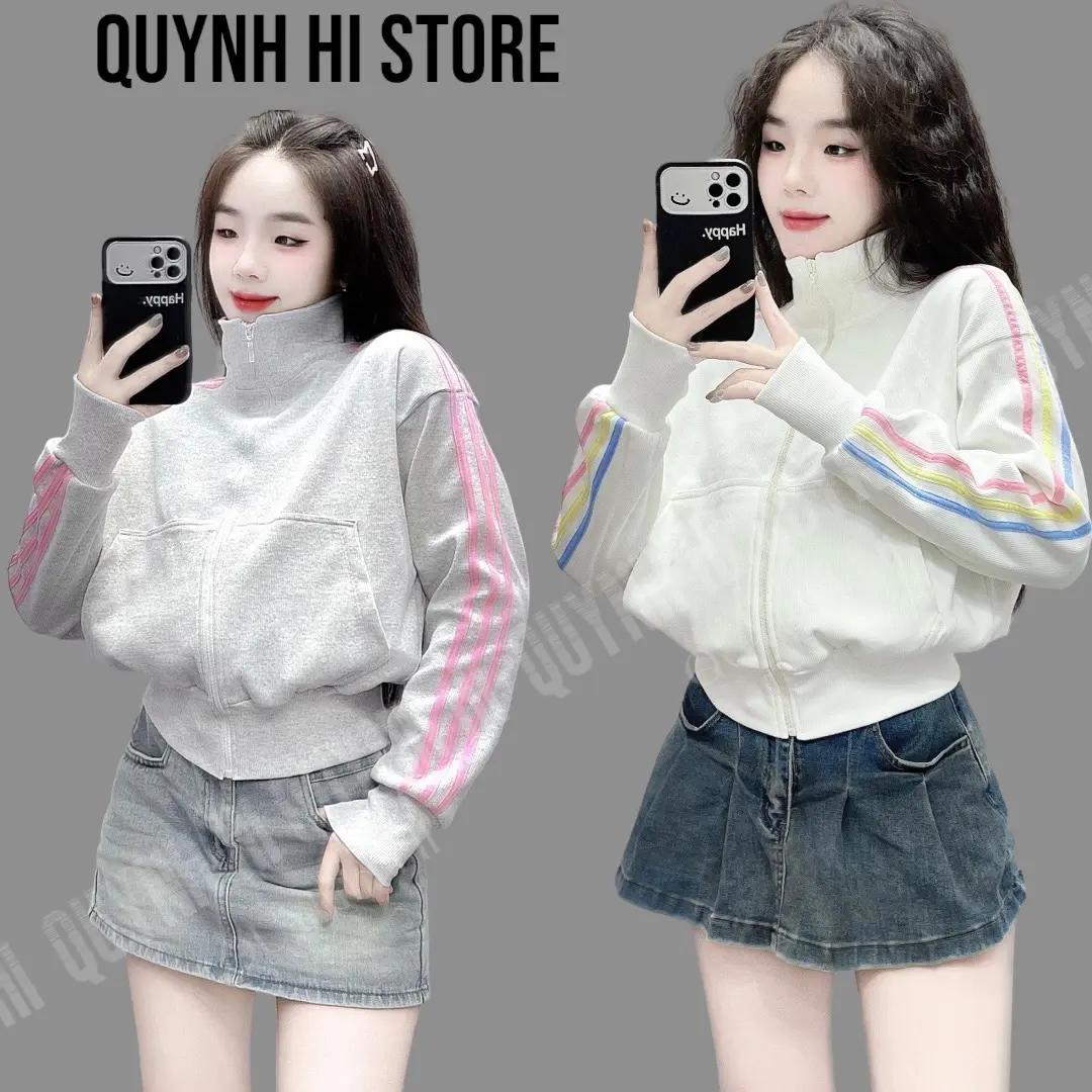 GC6T-QuỳnhHí | Áo khoác thun gân cổ trụ chạy sọc bassic, túi khoá trong. Nữ Women Top Jacket Cổ trụ