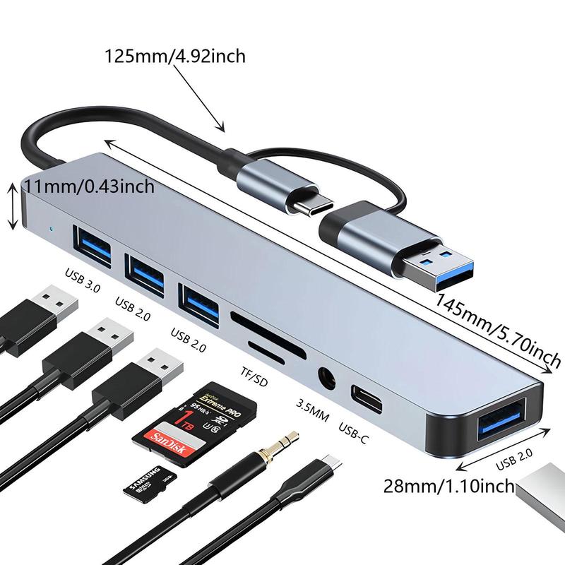 Portable 8 Ports USB Hub, Universal USB 3.0/2.0/Micro SD/TF Card Reader, Multifunction Adapter for Laptop, MacBook Pro, iPad And Other USB-C Devices 1