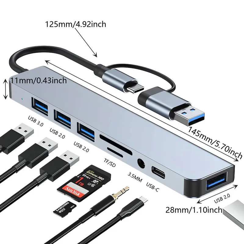 Portable 8 Ports USB Hub, Universal USB 3.0/2.0/Micro SD/TF Card Reader, Multifunction Adapter for Laptop, MacBook Pro, iPad And Other USB-C Devices 1