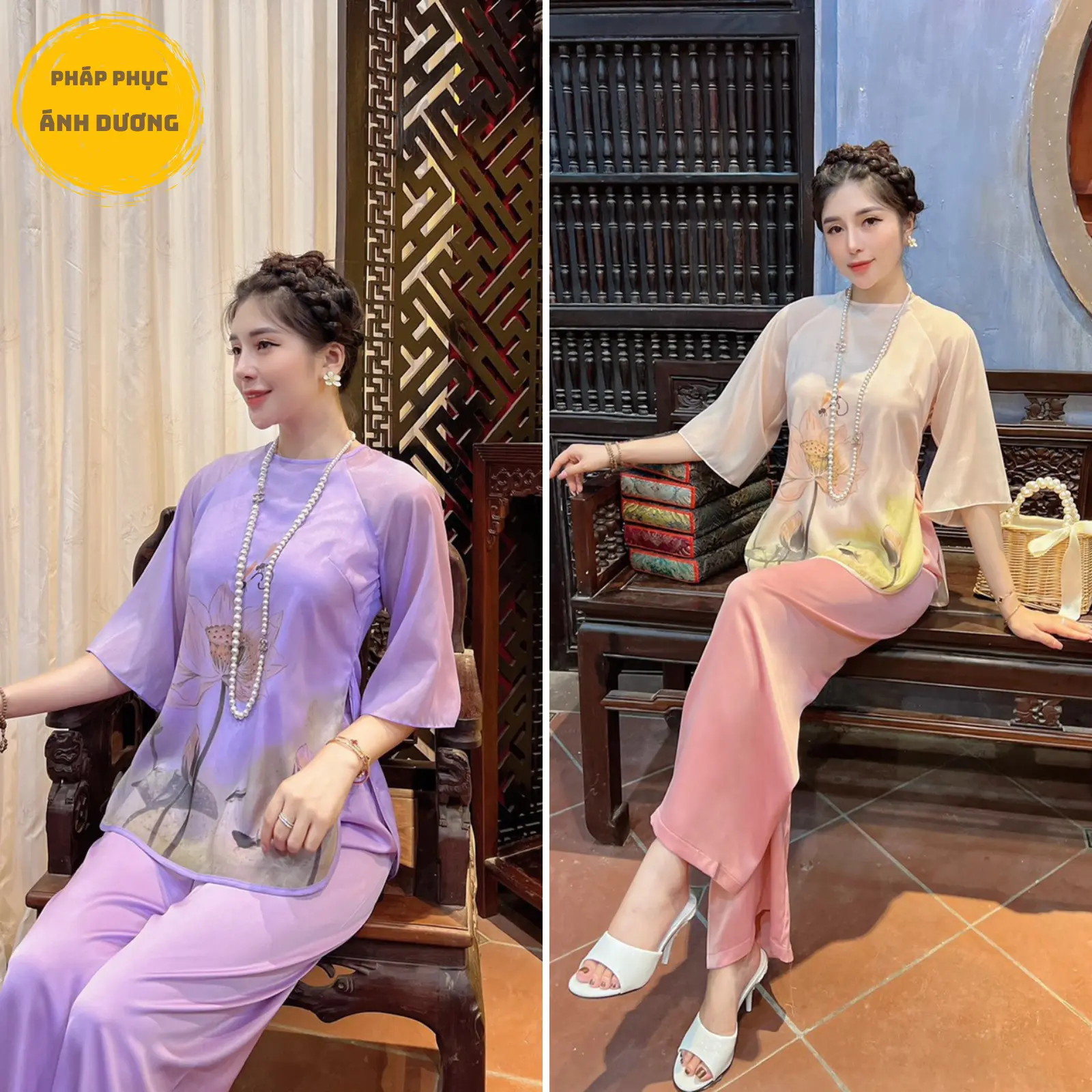 Bộ Đi Chùa Áo Tơ In Hoa Sen Tay Lỡ, Mã P1