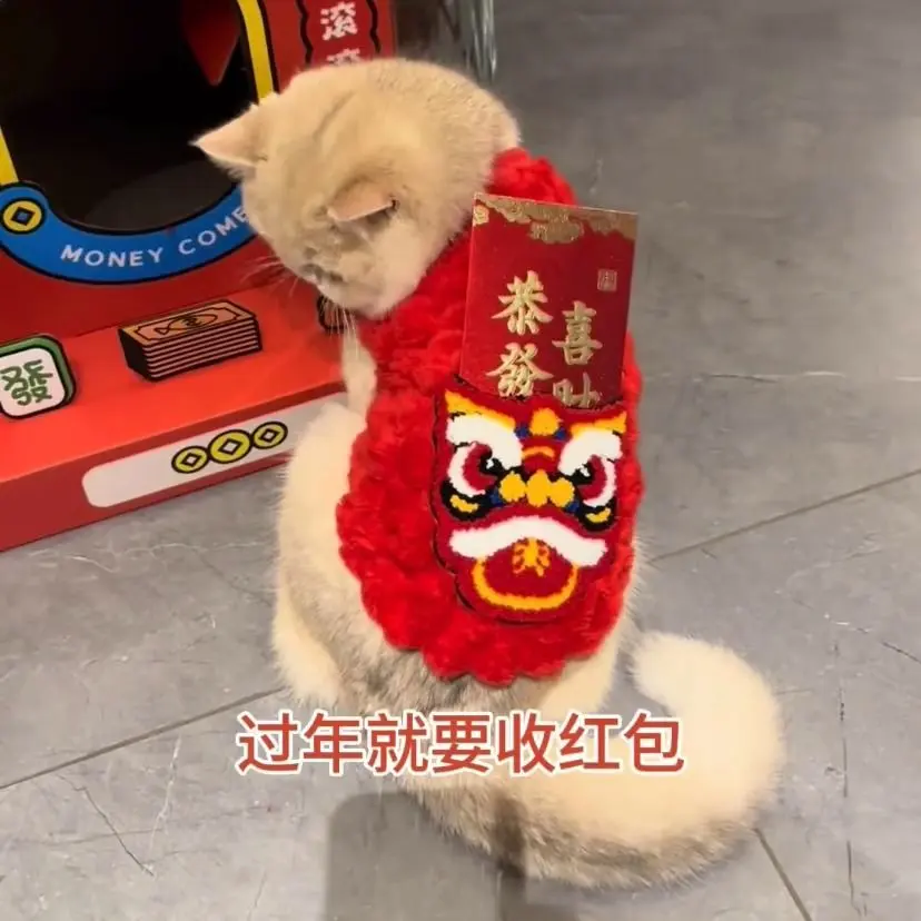 Cat Chinese New Year Clothes Red Festive Muppet Blue Cat Gold Gradually Layer Autumn and Winter Warm Fluffy Jacket Pet Dog New Year Dress