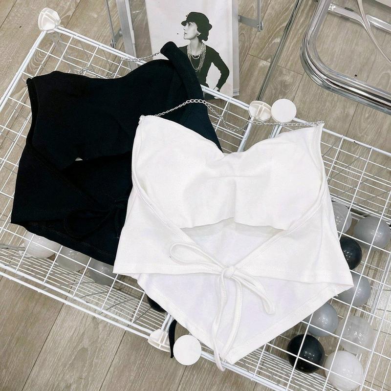 Áo yếm có trang trí dây xích shop Tiến Linh Top Nữ Women Nhung Thun Trắng