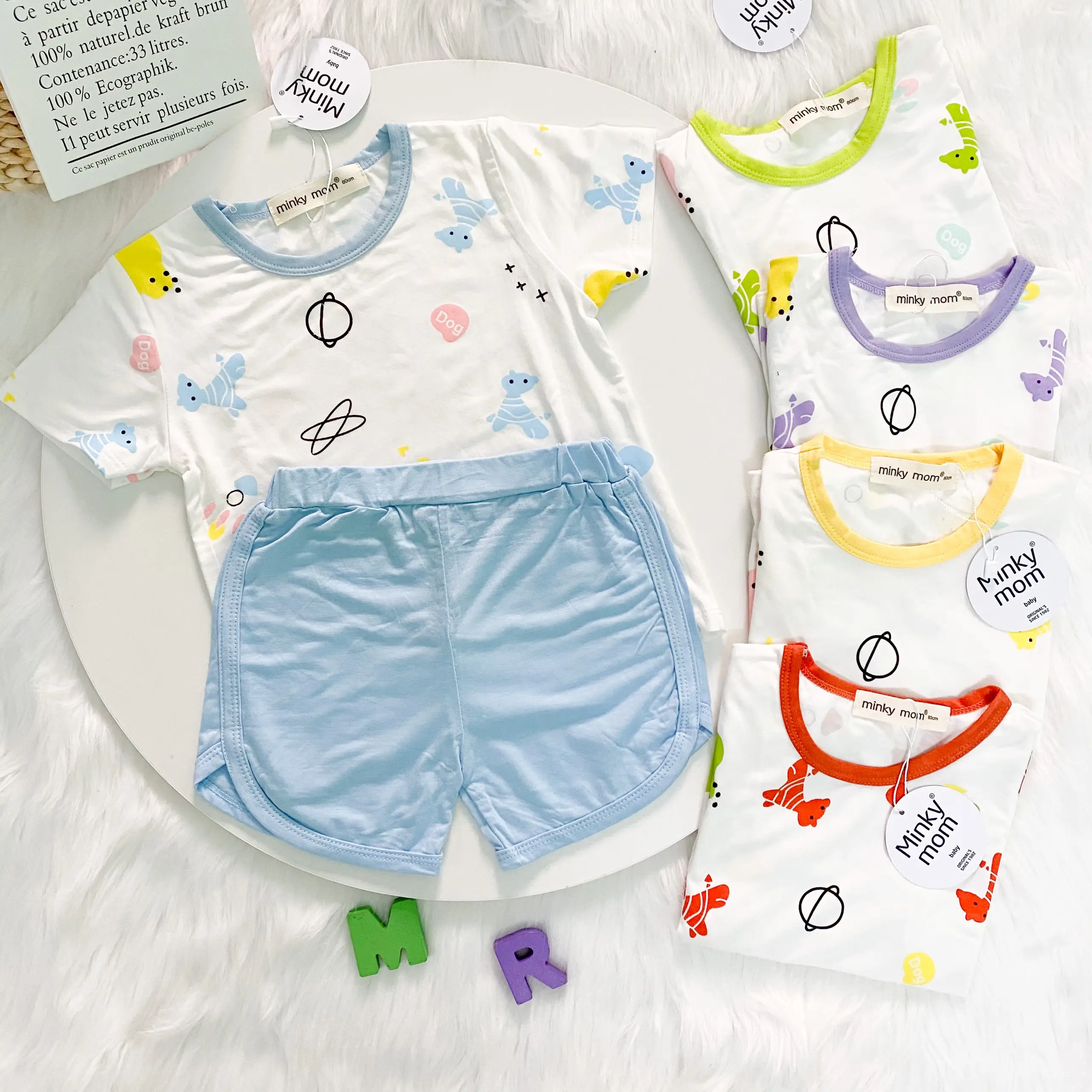 Bộ Ngắn Tay THUN LẠNH MINKYMOM In Họa Tiết Quần Bo Viền TN-IN38
