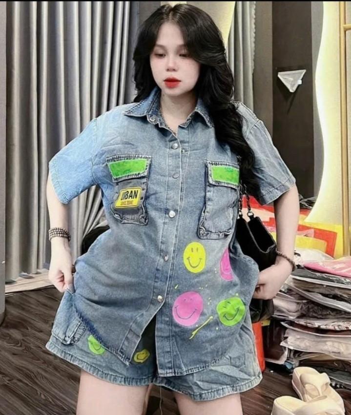 Product Introduction of Sét jeans đùi túi hộp hai bên in túi áo mặt cười  quần đùi tay ngắn Nữ Women Top Pants 4