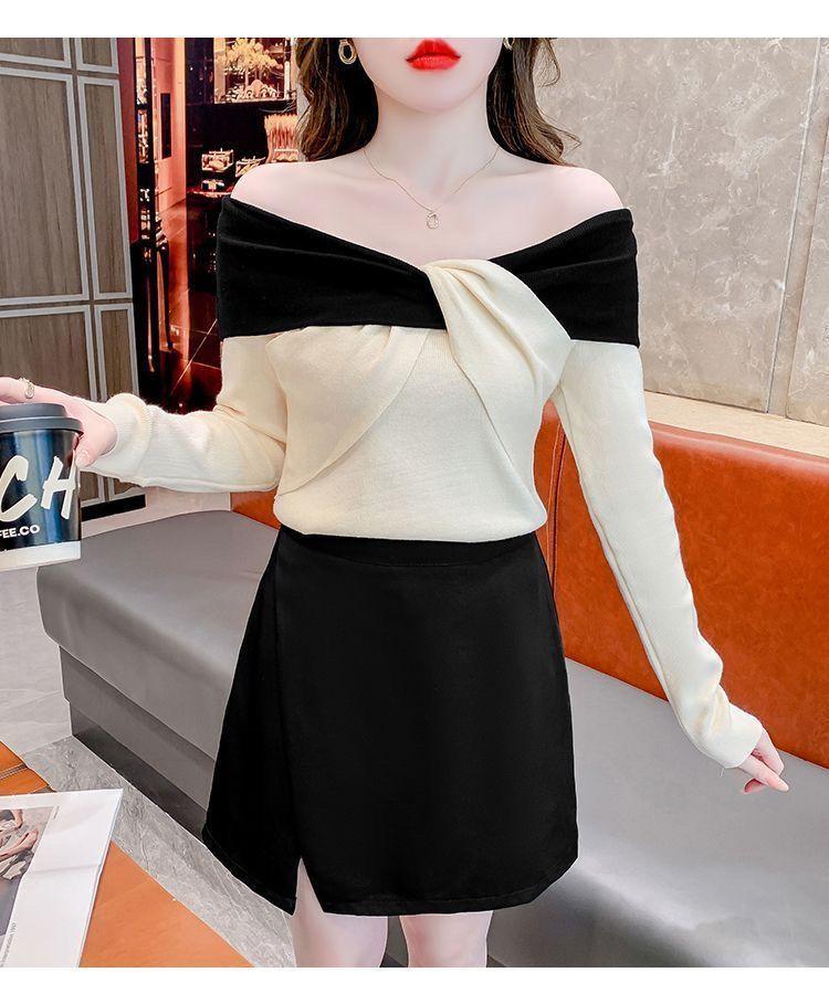Product Introduction of Áo Lớp Nền Dệt Kim, Dành Cho Nữ, Thiết Kế Thắt Nơ Và Khối Màu, Hàng Mới Về Mùa Thu Và Mùa Đông, Áo Độc Đáo Áo Len Trễ Vai Màu Tương Phản Siêu Đẹp 20
