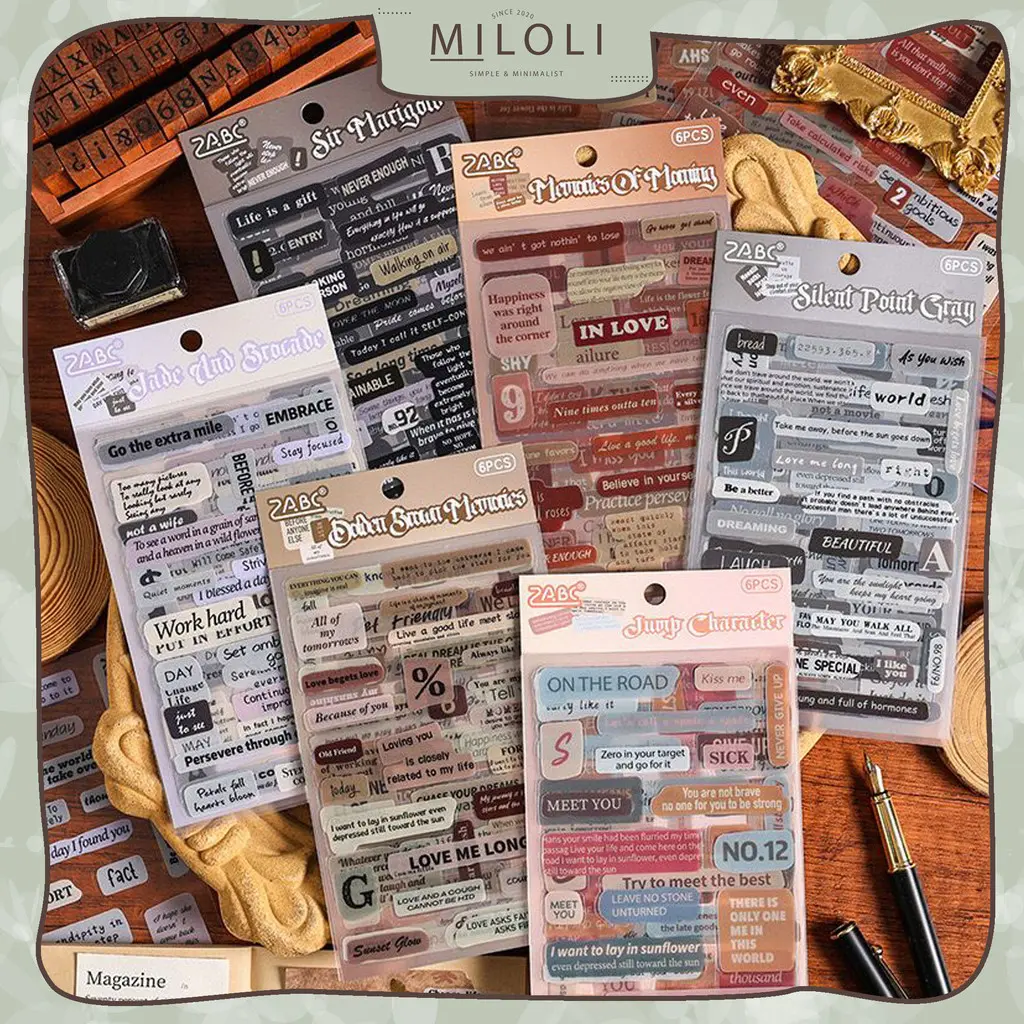 [MILOLI] 6Pcs VINTAGE LETTER PET SERIES Sticker Retro DIY Scrapbook Jurnal Sticker - B0521