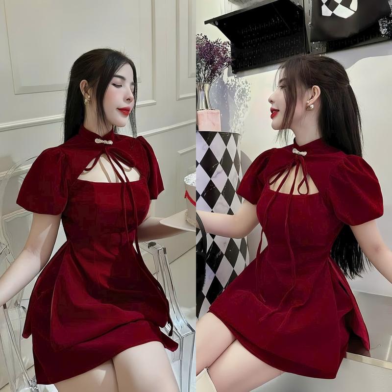 Set đồ nữ nhung áo thiết kế cổ tàu tay búp khoét ngực thoắt nơ xẻ tà mix chân váy chữ a sang chảnh dành cho các nàng diện tết Top Women