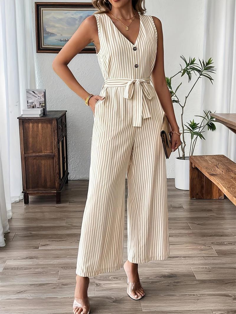Product Introduction of Women's Striped Print Jumpsuit, Casual Elegant Sleeveless Jumpsuit for Summer, Fashion Women's Clothing for Daily Wear 2
