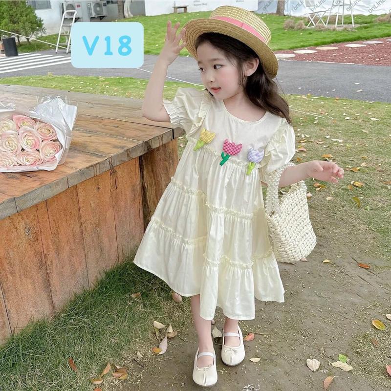 V18 váy cổ tròn tay bồng ráng xoè chất thô cho bé