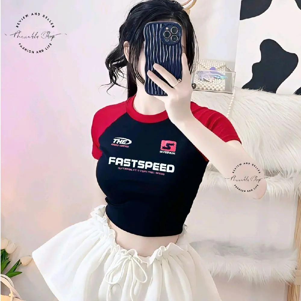 Áo Thun Croptop Borip Ôm Body Phối Tay Raglan 2 Màu Form Basic Cổ Tròn Tay Ngắn In Chữ Fast Speed, Women Trắng Dáng Ngắn Áo Kiểu