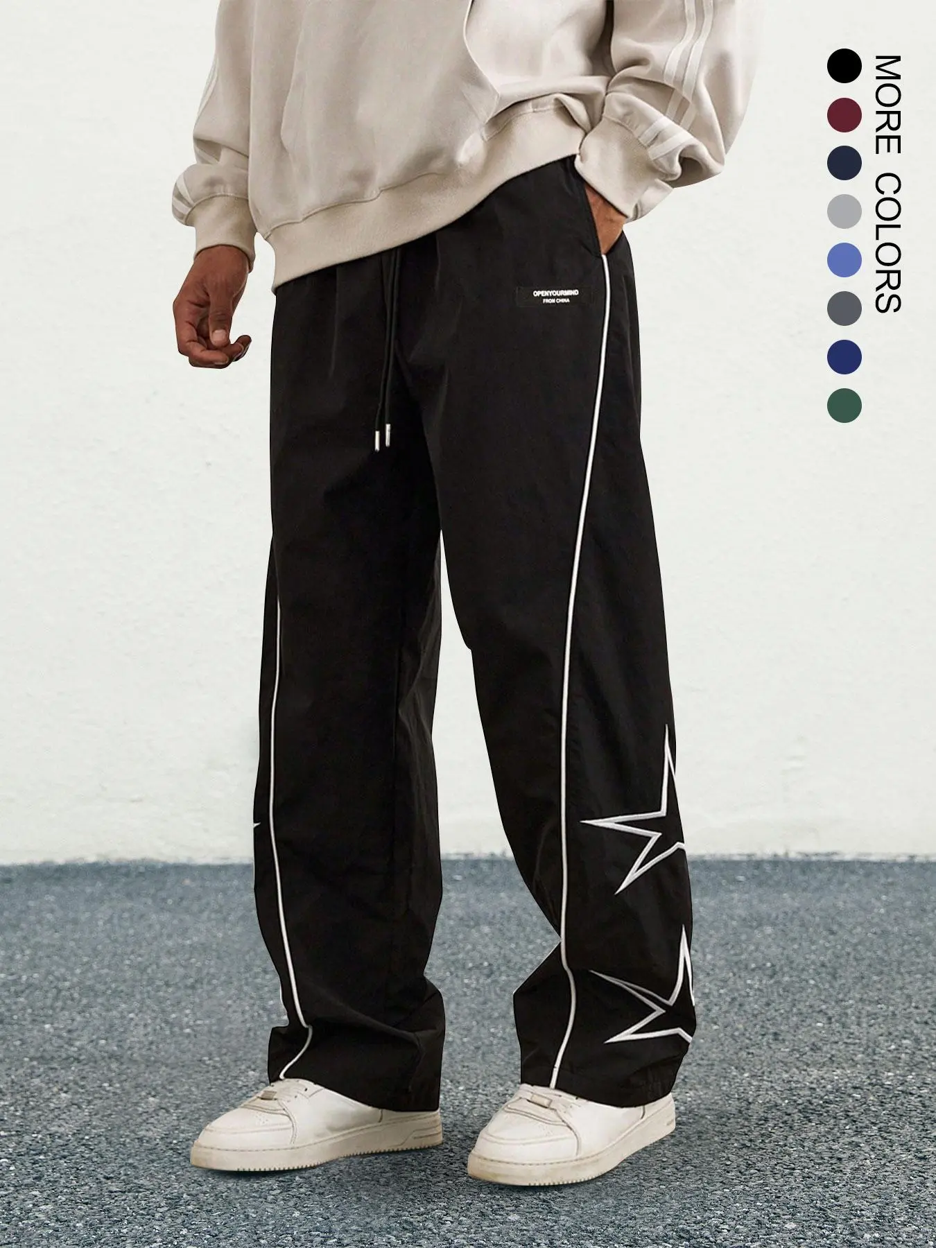 Men's Loose Star Pattern Contrast Binding Drawstring Waist Straight Leg Pants, Casual Pocket Elastic Waist Trousers for Daily Wear, Fashion Men's Bottoms for All Seasons,  Striped Trousers