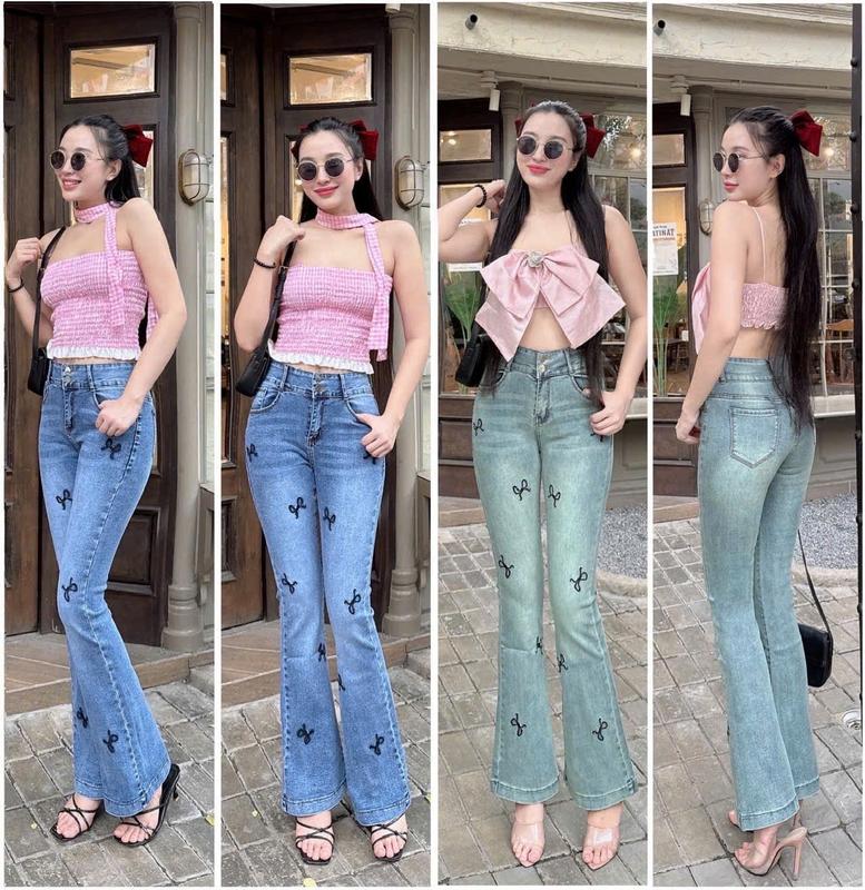 NM Jeans- Quần jeans nữ ống loe douyin 2 nút lưng cao thêu nơ bay full thân 2 màu 40-70kg Women Pants Denim Women Pants loe  đính quan  jean