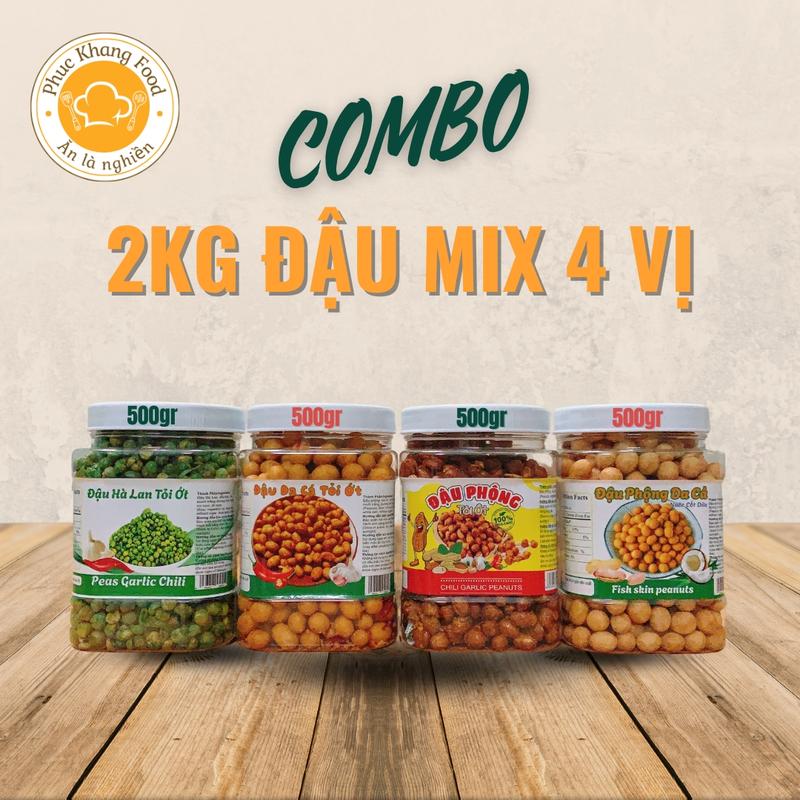 Combo 2kg Đậu Mix 4 Vị hũ NHỎ 500gr Đậu Phộng Tỏi Ớt + 500gr Đậu Da Cá Tỏi Ớt + 500gr Đậu Phộng Da Cá Cốt Dừa + 500gr Đậu Hà Lan Tỏi Ớt -Snack Ăn Vặt Food Thức Ăn Nuts