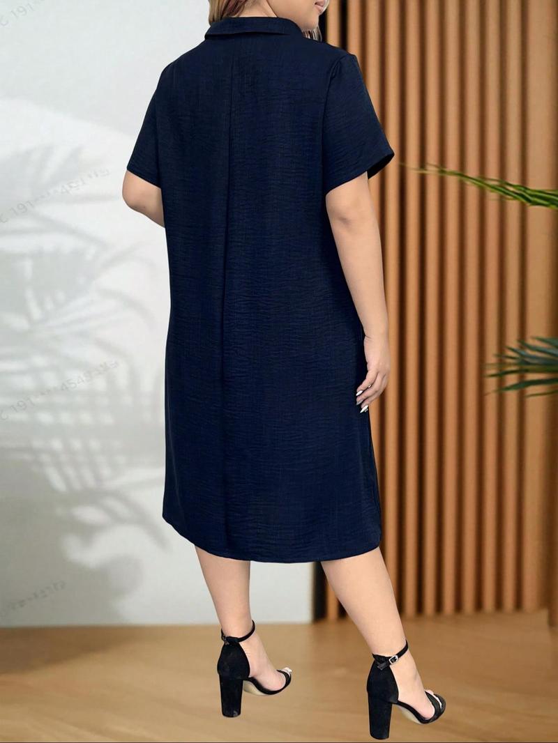 Product Introduction of 【Plus Size】 Women's Solid Button Front Pocket Tee Dress, Casual Short Sleeve Collared Dress for Summer, Women's Clothing for Daily Wear 2
