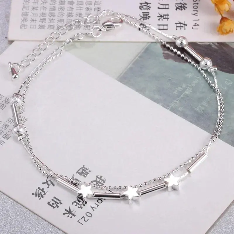 New Trendy 925 Sterling Silver Anklets For Women Cute Star Ankle Chain Bracelet Foot Jewelry Girl Beach Party Accessories