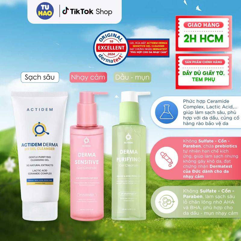 [Tặng Mặt nạ] Gel rửa mặt cho da hỗn hợp, da khô, da nhạy cảm Sensitive Gel Cleanser/Actidem Derma pH dành cho da dầu 30ml /150ml/180ml - Từ Hảo